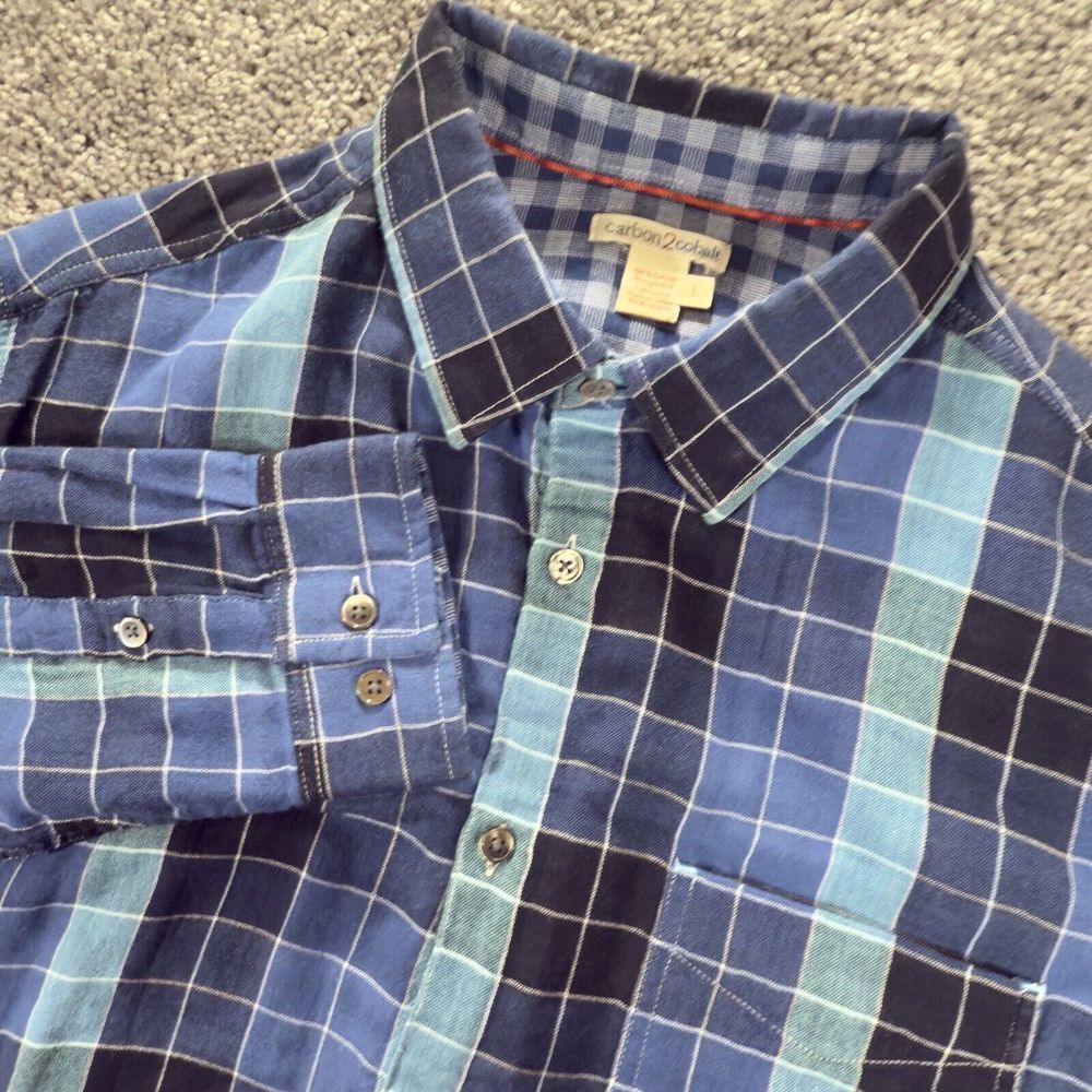 Carbon 2 Cobalt Men's Large Cotton Blue Plaid Long Sleeve Flannel Shirt‎ Button